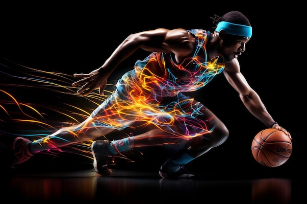 Active basketball player in motion with the ball on a black background Generative Ai