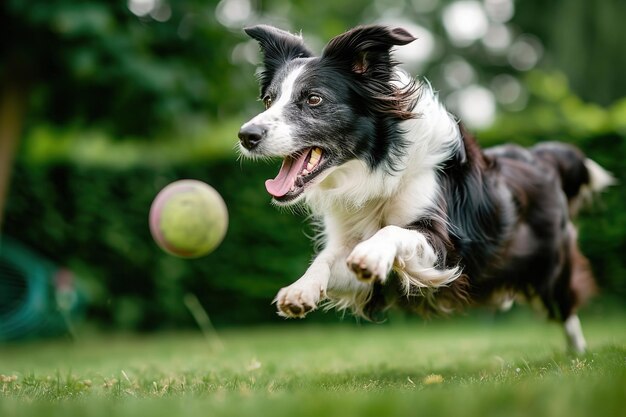 Active border collie catching ball in park