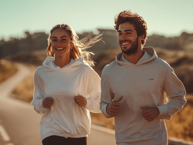 Photo active couple jogging in the park at sunrise