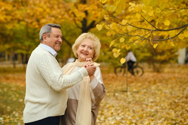 Active happy seniors dancing in autumn park