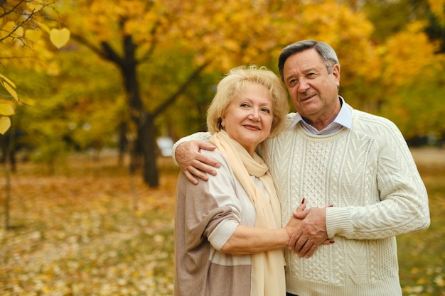 Active happy seniors walking in autumn park