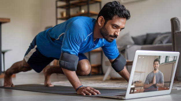 Photo active hindu guy in sportswear exercising at home using laptop