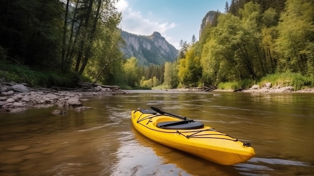 Active leisure tourism Yellow kayak near river bank mountain background AI generated