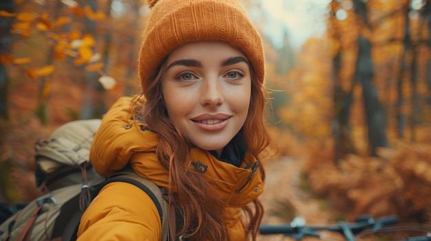 active lifestyleA cyclist in equipment with a backpack takes a selfie in the autumn forest