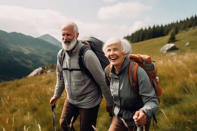 Active Mature couple walking or hiking outdoors AI generated