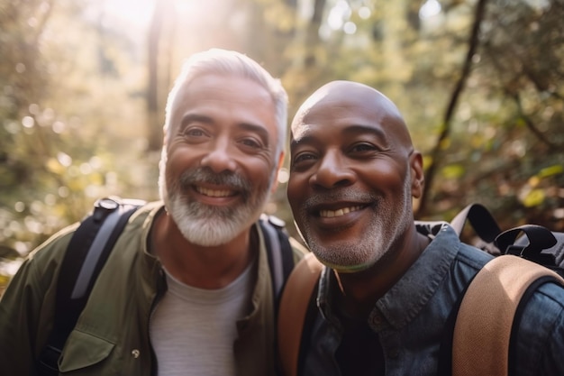 Active retired interracial gay couple hiking outdoors Soft focus sunshine blur Generative AI