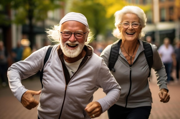 Active senior couple jogging in a park fitness and healthy lifestyle concept natural light high resolution