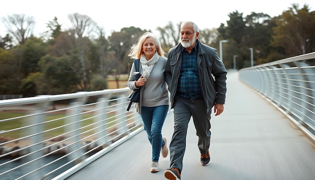 Active senior couple speed walking together on bridge isolated with white highlights