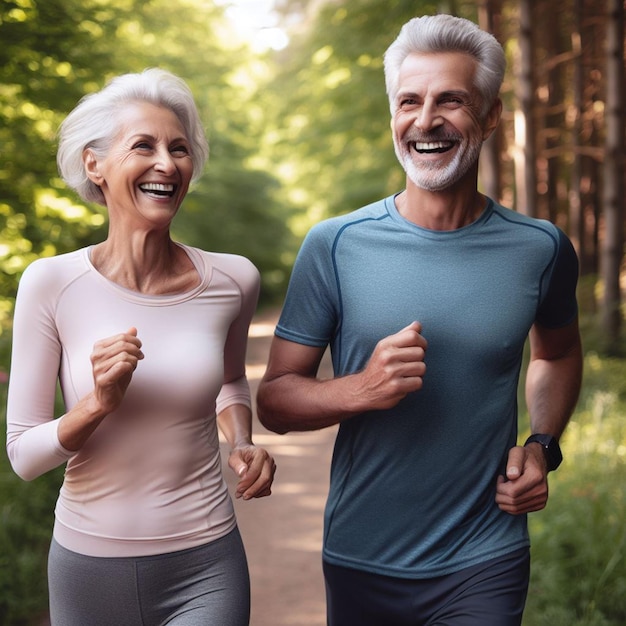 Active senior couple in sportswear jogging side by side along the woodland path