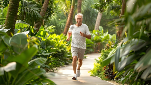 Active senior man jogging in a park with lush greenery and pathways realistic photo commercial photo