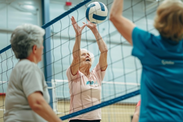 Active Senior Volleyball Team Promoting Health and Fitness in Local Gym Perfect for Wellness Campaign Poster or Card Design