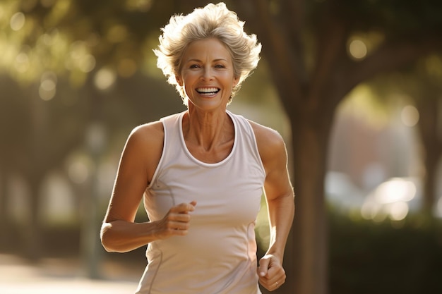 Active Senior Woman Embracing a Refreshing Morning Jog in the SunKissed Outdoors