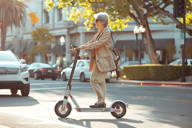 Active senior woman rides electric scooter in city enjoys mobility Modern aging