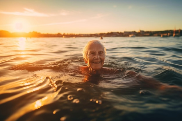 Active senior woman swimming in sea at sunset enjoying and relax Generative AI