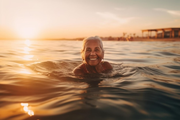 Active senior woman swimming in sea at sunset enjoying and relax Generative AI