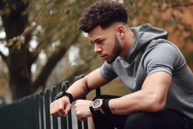 Active strong and fit young mixed race sportsperson checking their watch while exercising outdoors