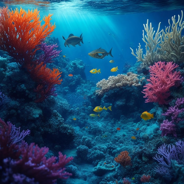 Active underwater volcano with fish and other creatures around and colorful seaweed is seen