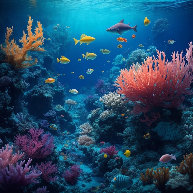 Active underwater volcano with fish and other creatures around and colorful seaweed is seen