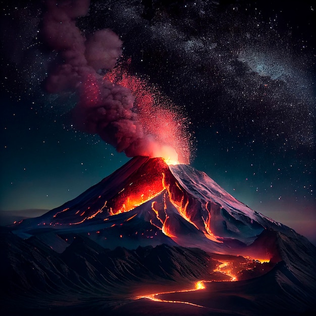 Active volcano spewing lava. pyroclastic flow. Burning volcano on dark night. 3d illustration