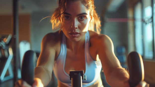 Active woman cycling on stationary bike in gym focusing on fitness and health AI generative