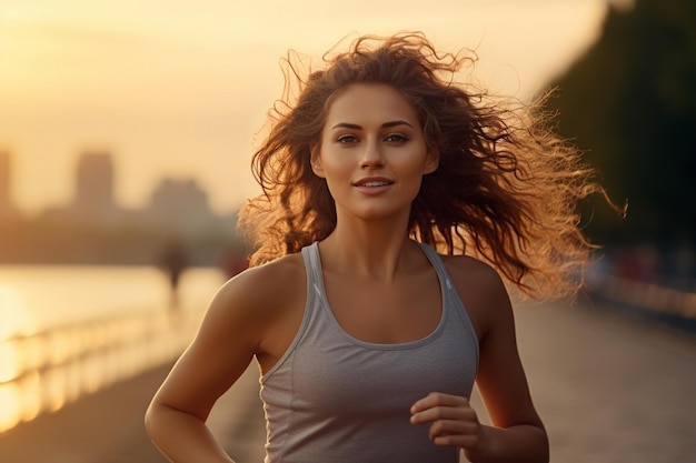 Active young beautiful woman running on the promenade along the riverside