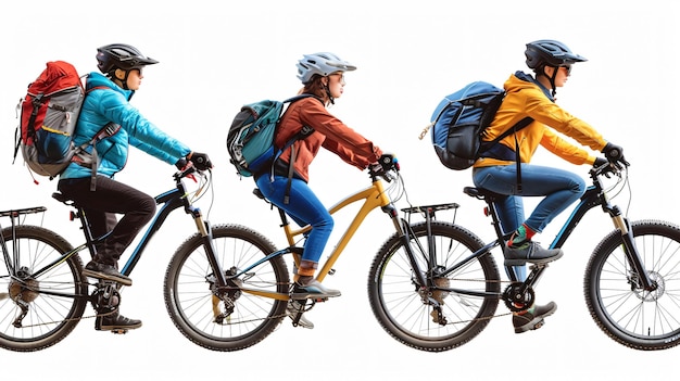 Active young cyclists enjoying outdoor ride on white background