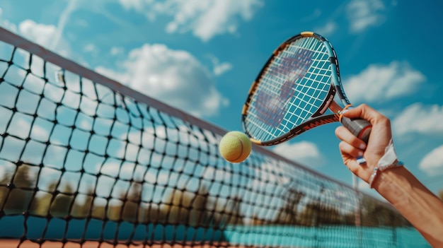 Active young woman holding tennis racket hitting ball through net on outdoor court