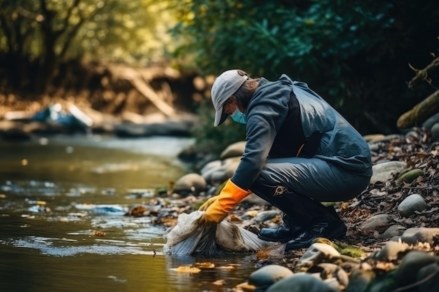 Activist cleaning river during cleaning river week