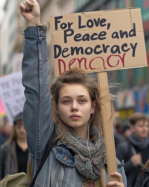 Activist Holding Sign for Love Peace and Democracy at Protest Rally