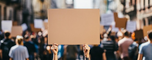 Photo activist marching in demonstration with a group of people holding a blank protest sign