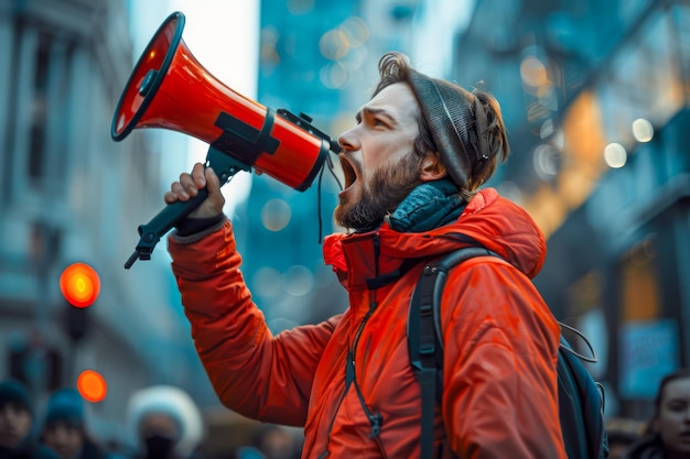 Activist Shouting Through Megaphone During Street Protest Man Expressing Freedom of Speech During