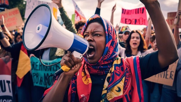 Activist with megaphone shouting at demonstration