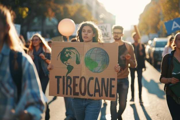 Photo activists walking down a street holding protest signs advocating for climate change action