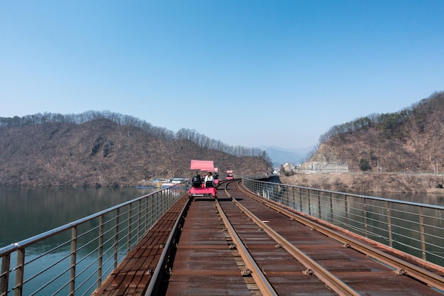 Activity trolley tram running on railway track