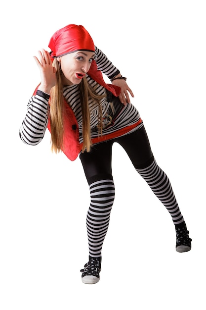 Actor in a pirate suit isolated on a white background.