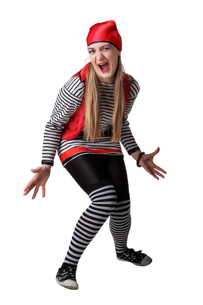 Actor in a pirate suit isolated on a white background.