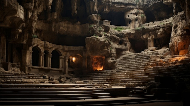 Actors use caverns rock formations in performance at Greek theater