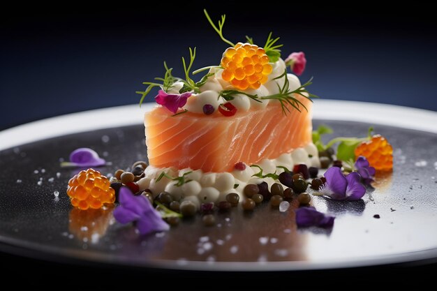 Aculinary Art Modern Luxury Plate of Smoked Salmon Garnished with Edible Flowers and Caviar