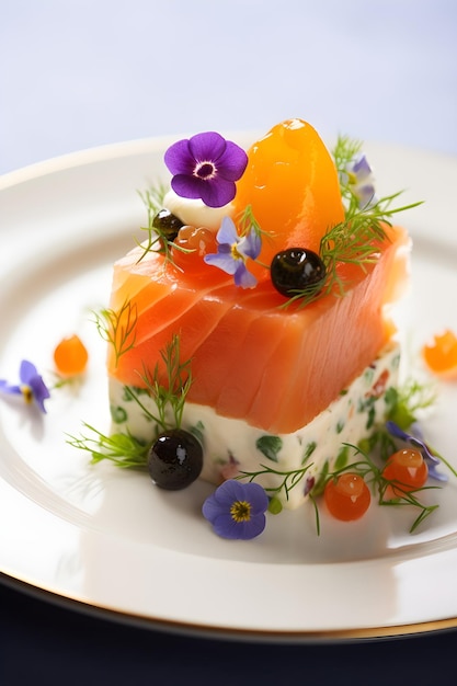 Aculinary Art Modern Luxury Plate of Smoked Salmon Garnished with Edible Flowers and Caviar