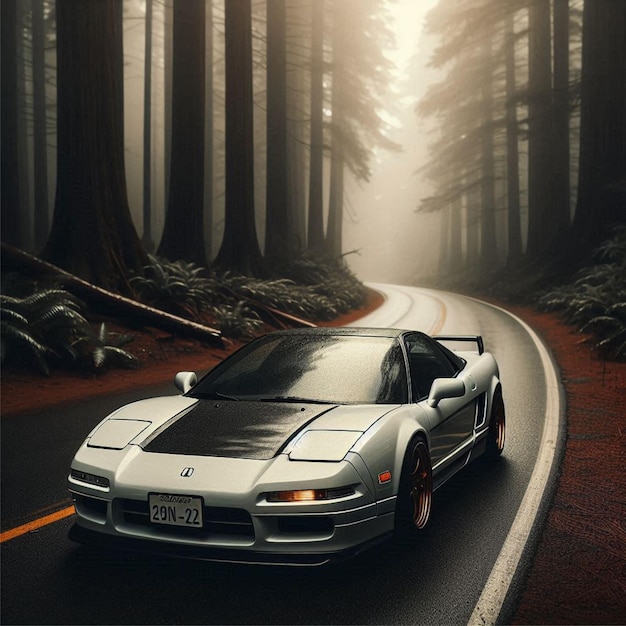 Acura NSX driving through a secluded forest road