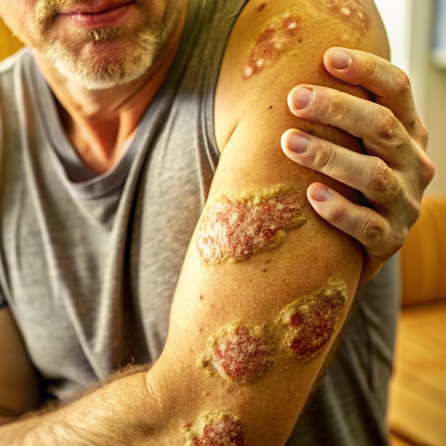 Photo acute psoriasis on the elbows isan autoimmune