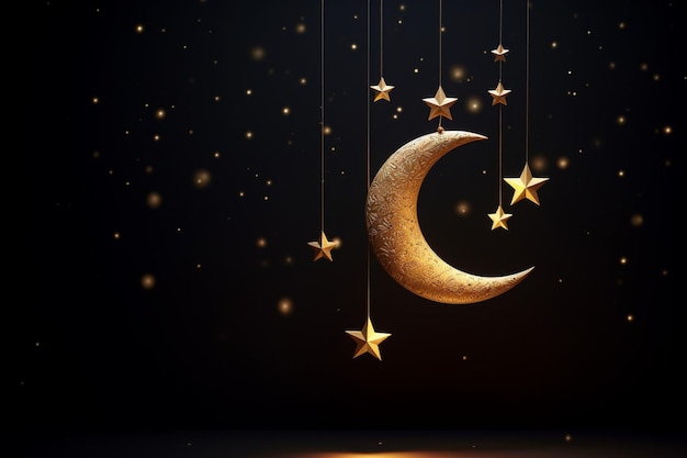 An ad for eid mubarak with gold stars and a crescent moon