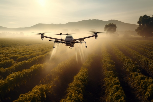 Ad style photo showing a drone spraying pesticide on a crop Generative AI