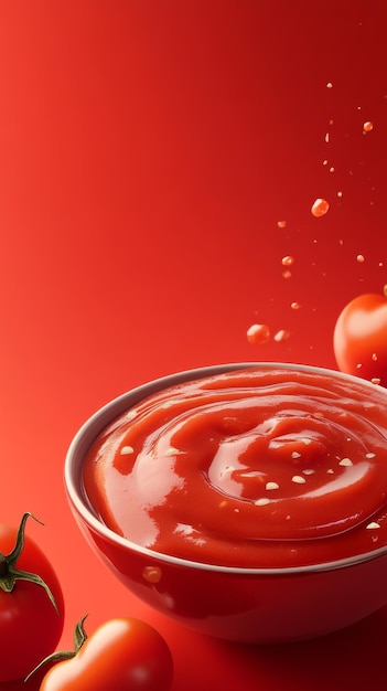 Photo ad for tomato paste with clean red background and hot pot