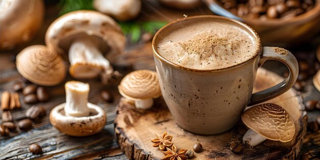 Photo add mushroom powder to coffee for a unique flavor boost before cooking concept cooking with mushroom powder flavorful coffee enhancements mushroom coffee experiment