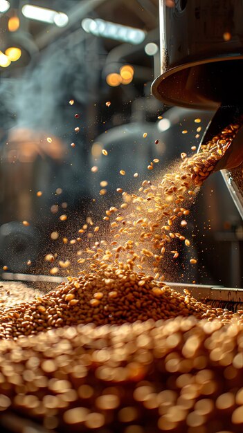 Adding malt to brewery vat with motion blur and steam blurred background with focus and text space