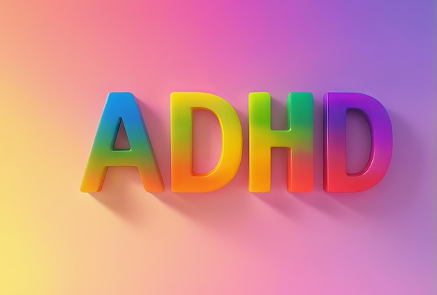 ADHD 3d text in rainbow colors on solid rainbow colors background