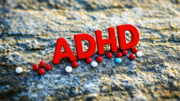 Photo adhd concept with pills and 3d text on stone background