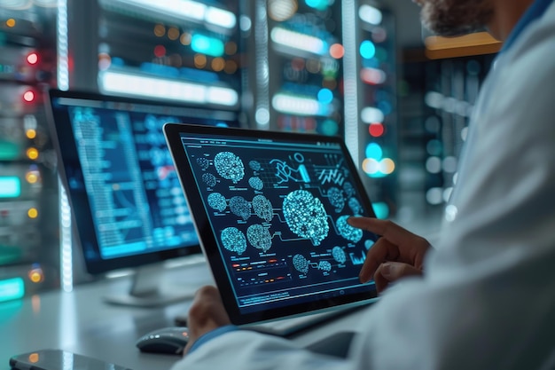 Photo admin uses tablet in server hub to maintain ai neural networks simulating human thought cloud wor