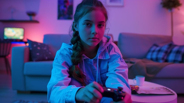 Photo adolescent girl enjoying online gaming